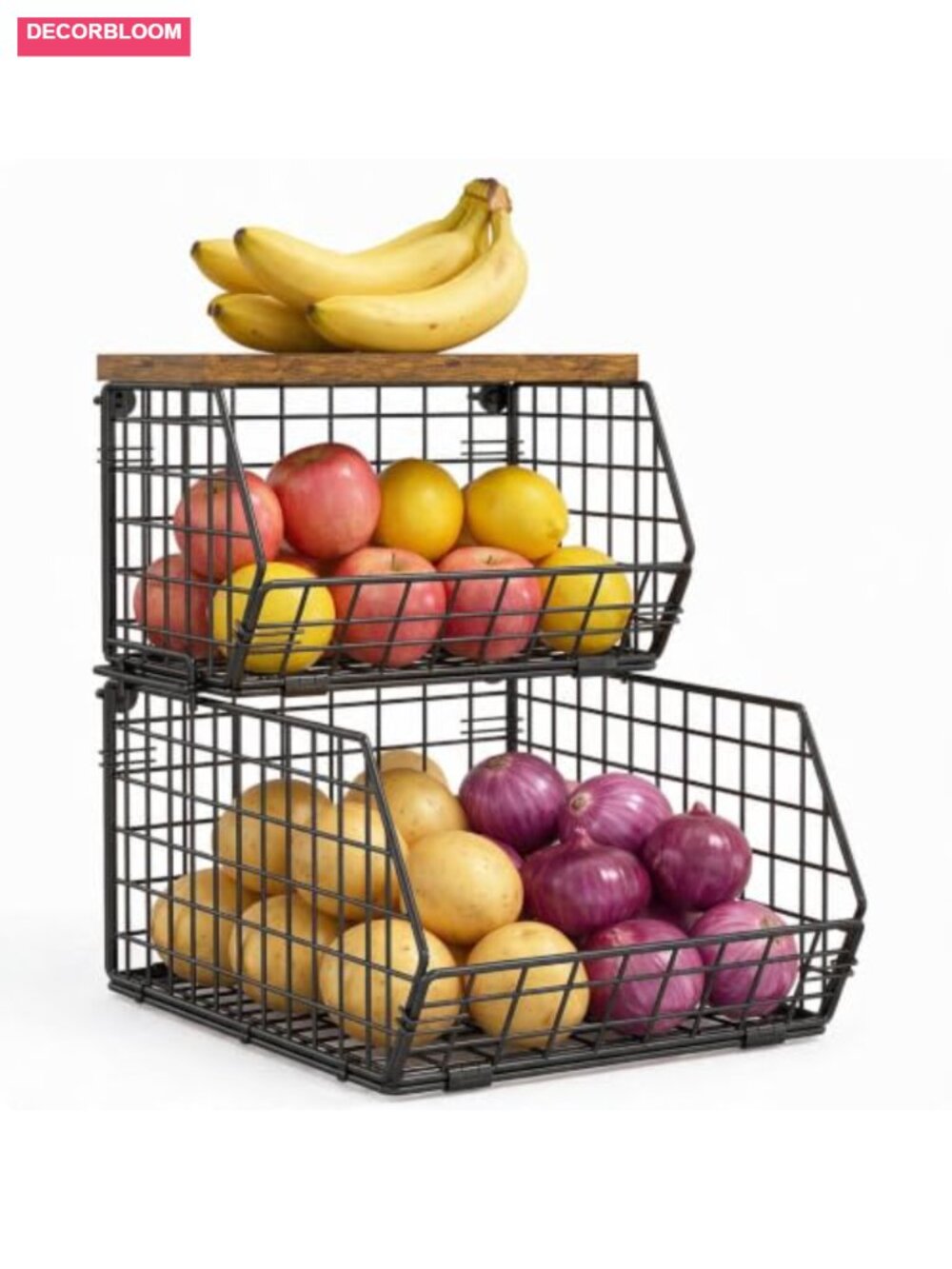 2-Tier Stackable Wire Basket Storage Bin Wooden Lid Metal